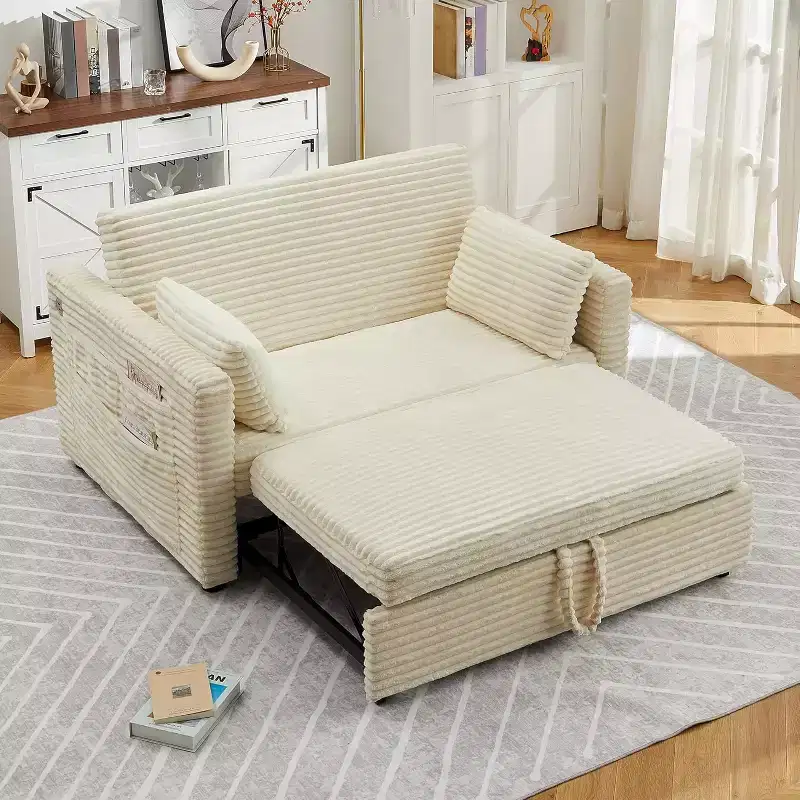 Loveseat Sleeper Sofa Bed, Pull Out Sofa Bed with Charging Ports and Side Pockets, Corduroy Couch with Adjustable Backrest for Living Room, Bedroom