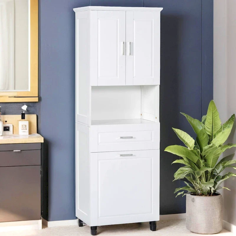 Tall Bathroom Storage Cabinet with Laundry Basket