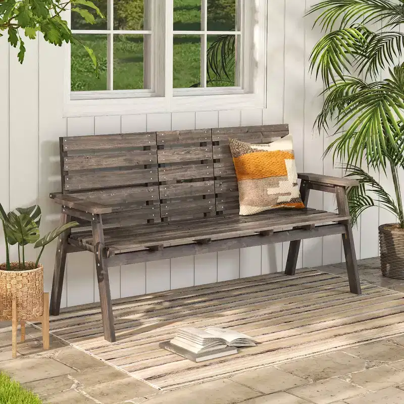 Costway Outdoor Fir Wood Bench w/ Foldable Middle Table w/ Backrest & Armrests