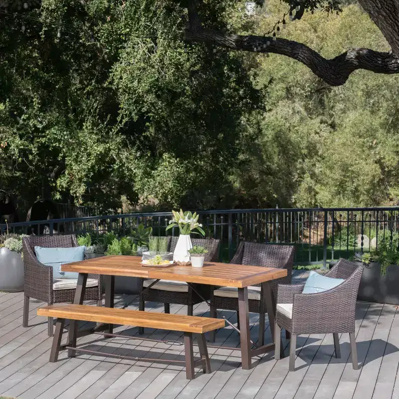 Christopher Knight Home Boland Outdoor Wicker and Acacia Wood 6 Piece Dining Set with Bench, Teak/Multibrown
