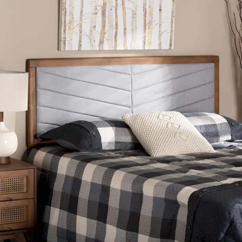 Upholstered Wood Headboard with Chevron Tufting - Light Grey