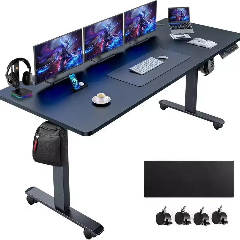 Electric Standing Computer Desk Adjustable Height 63×24 with Outlet Rolling Wheels Dual-Beam Frame Mouse Pad