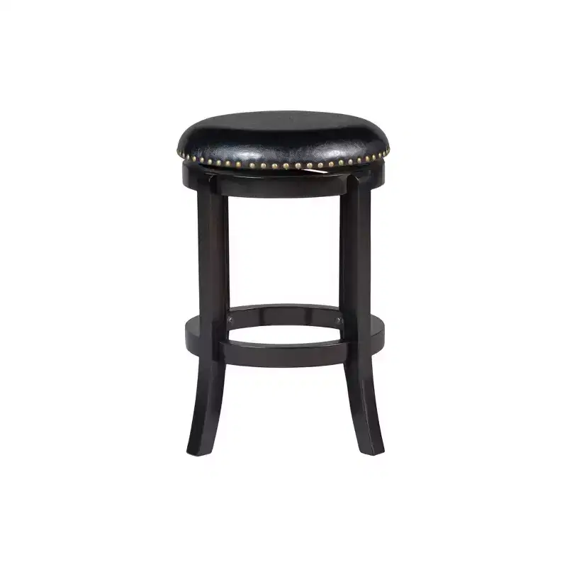 Black Swivel Backless Counter Height Bar Stool, Faux Leather, Nailhead Trim, Seats 1