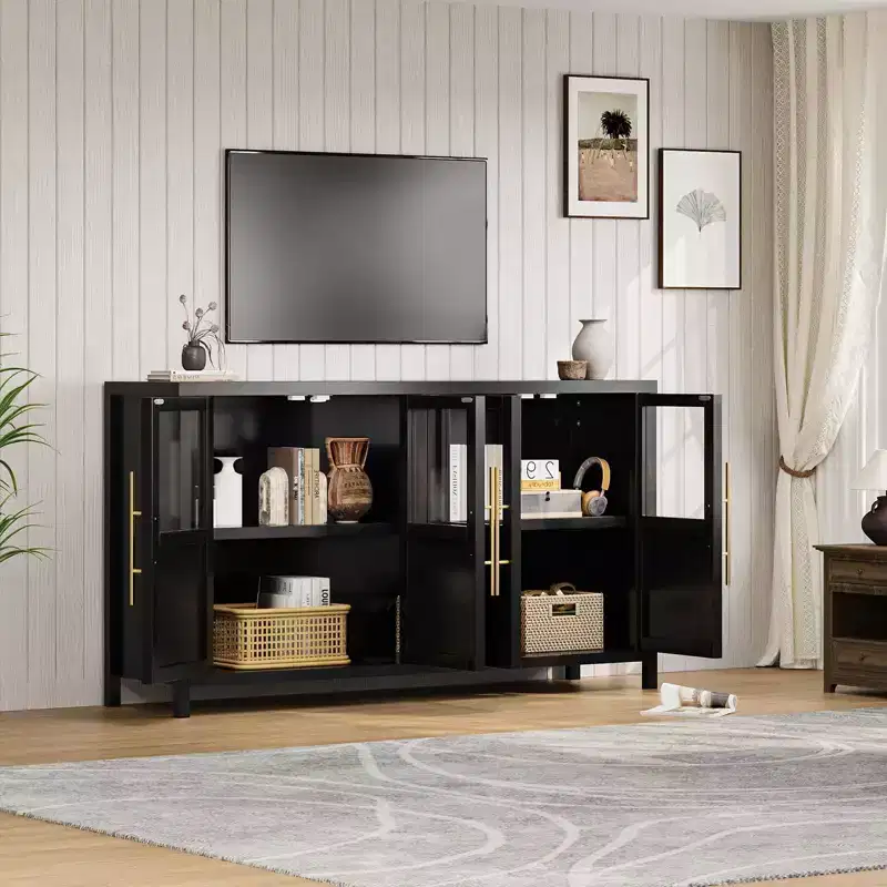 55 Sideboard Buffet Cabinet with 4 Glass Doors - Wine Bar Display Cabinet for Kitchen Dining Room Living Room