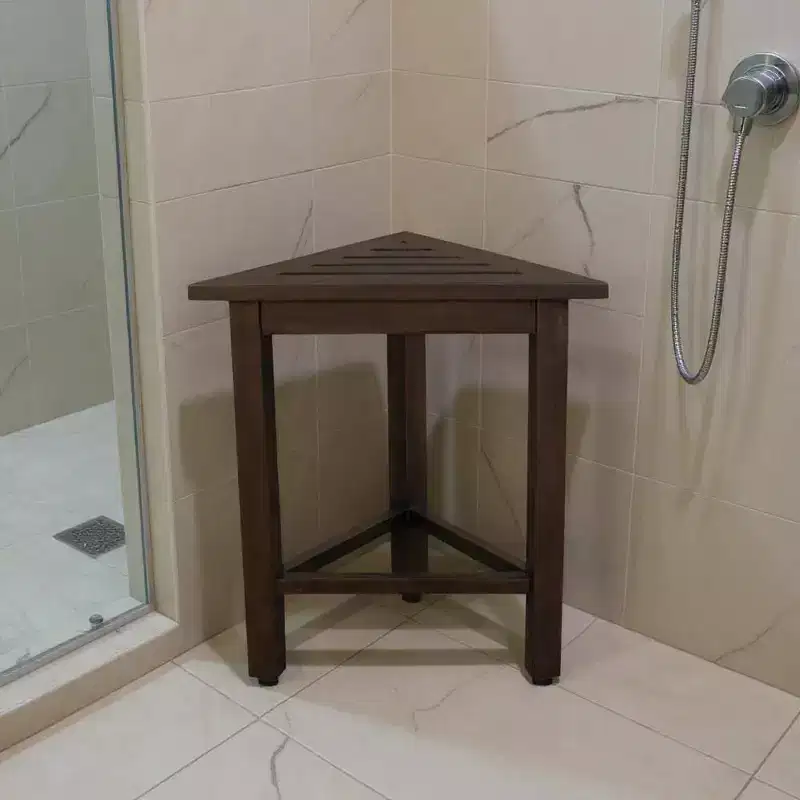 HomeRoots 17 Dark Brown Teak Corner Shower Bench