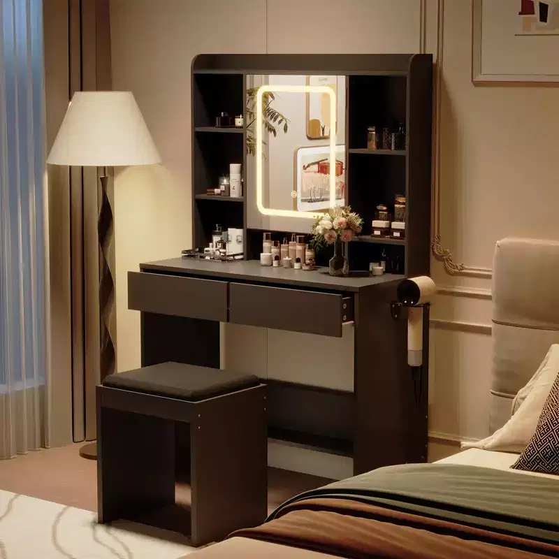 Vanity Desk with Mirror, for Bedroom, Adjustable 3 Color Lights, Includes Padded Stool, Hidden Storage Shelves, USB Outlets, Hair Dryer Holder, White