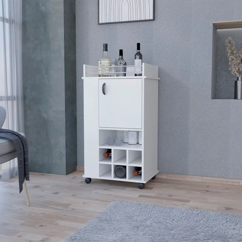 1-Door Bar Cart with Wine Rack and Casters White