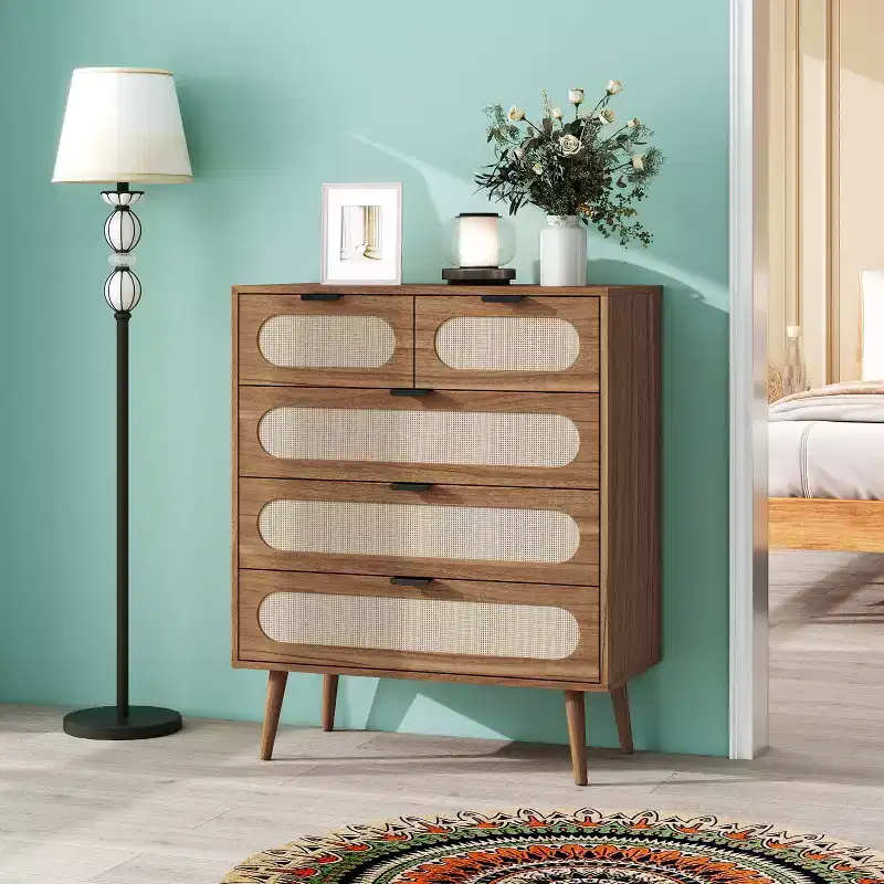 MAYEERTY 5 Drawers Cabinets Accent Storage Cabinet for Living Room Bedroom Dining Room Walnut