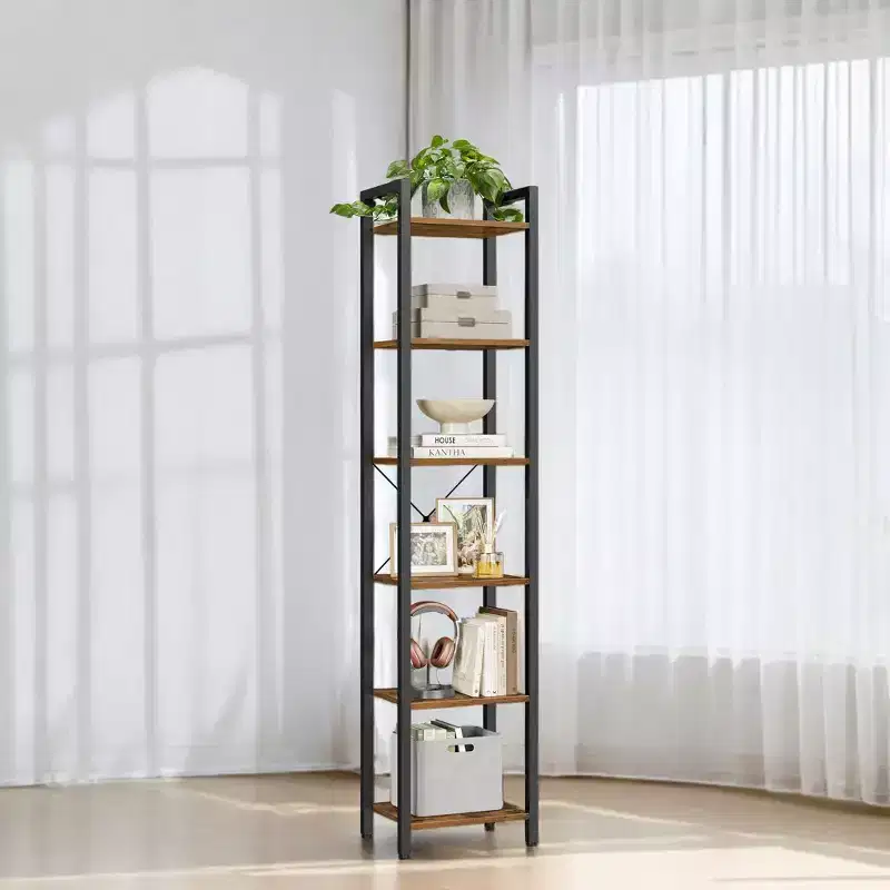 Tall 6-Tier Narrow Bookshelf, Skinny Bookcase with Steel Frame for Living Room, Home Office, Study - Industrial Style, 11.8 x 15.7 x 73.8 Inches