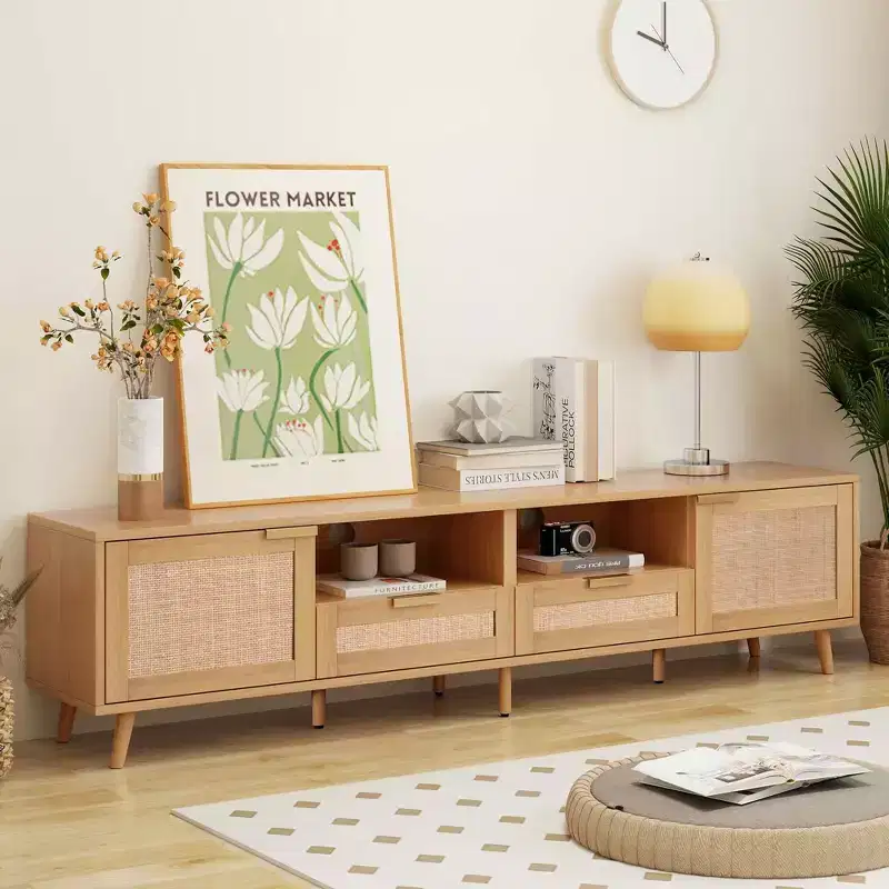 MAYEERTY Rattan TV Stand for TVs up to 85, Modern Farmhouse Media Console, Entertainment Center with Solid Wood Legs for Living Room Beige