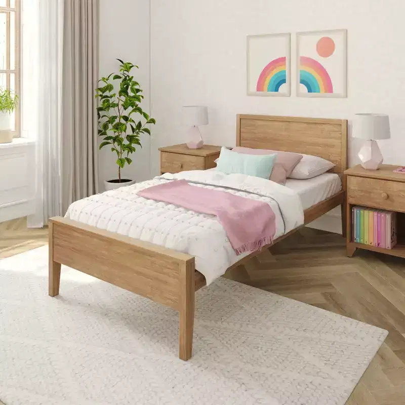 Max & Lily Twin Bed Frame, Solid Wood Classic Platform Bed with Panel Headboard for Kids