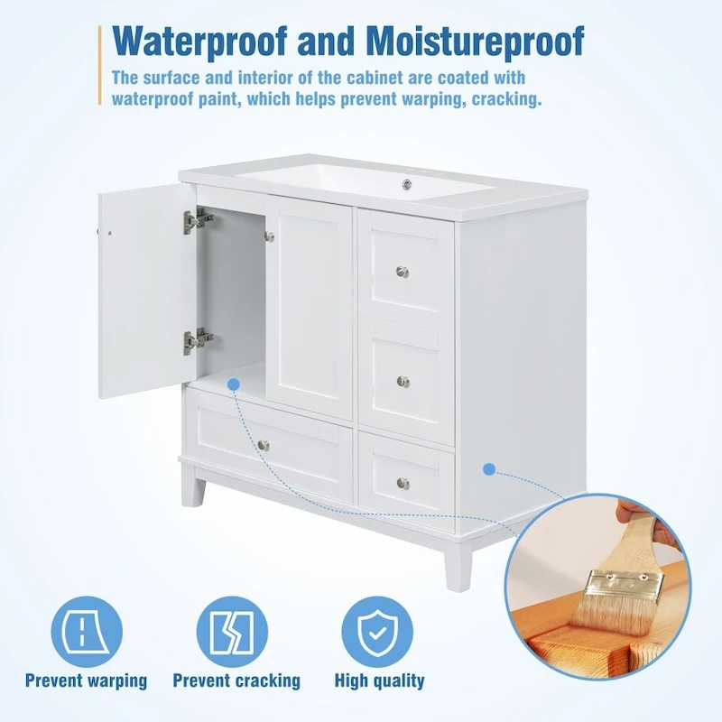 36 Inch Modern Bathroom Vanity with USB Charging and Single Resin top