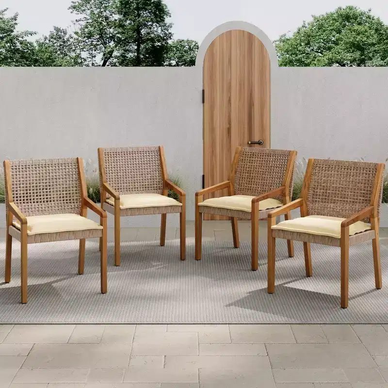 NAYSAYE Patio Dining Sets Outdoor Acacia Wood Wicker Dining Chairs with Cushions for Garden Patio, Brown and Cream, 23.5*21.25*32