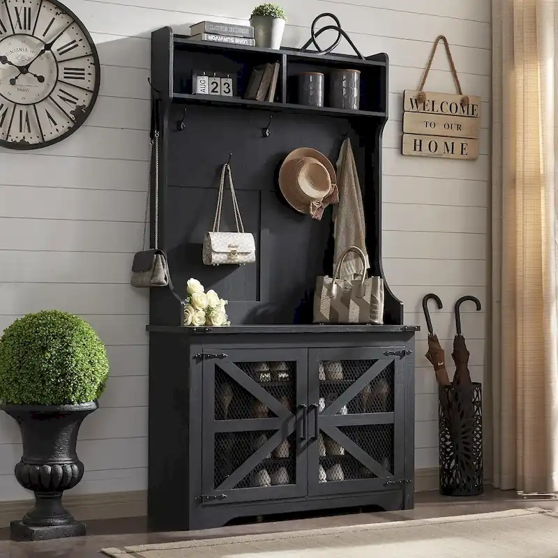 42  Wide Farmhouse Entryway Bench with Coat Rack, Mudroom Cabinet