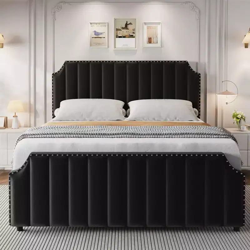 KING Upholstered Platform Bed Frame  KING Size, Wooden Slats Support, No Box Spring Needed  Headboard & Footboard, Black