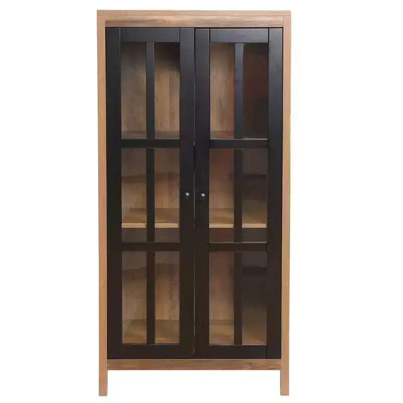 LuxenHome 47.2 Farmhouse Storage Cabinet with Glass Doors, Tall Pantry Cabinet, Glass Display Cabinet Brown, Black