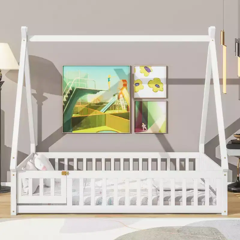 Full Tent-shaped Floor Bed with Guardrails, Door, White