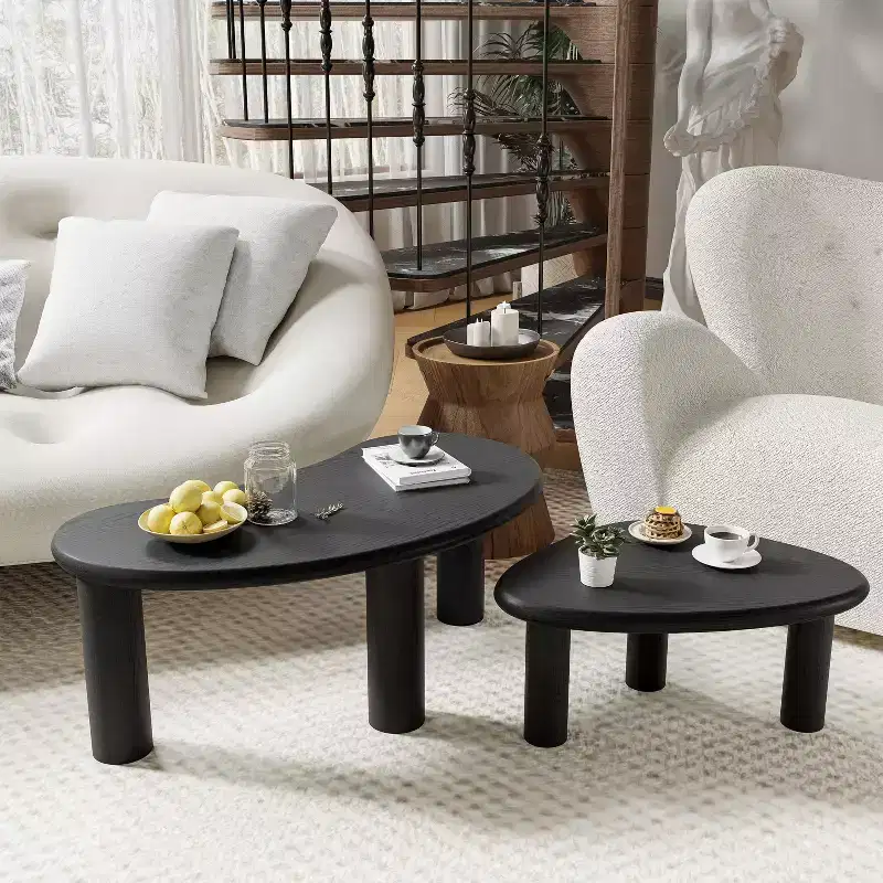 PexFix 34 Modern Black Nested Coffee Tables Set 2-Piece Irregular Organic Shaped Solid Wood Accent Tables for Home Office Living Room & Bedroom