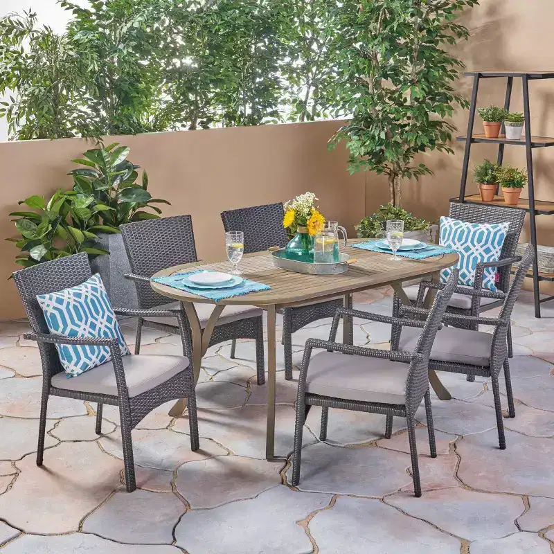Landon 7pc Wood & Wicker Dining Set - Gray - Christopher Knight Home