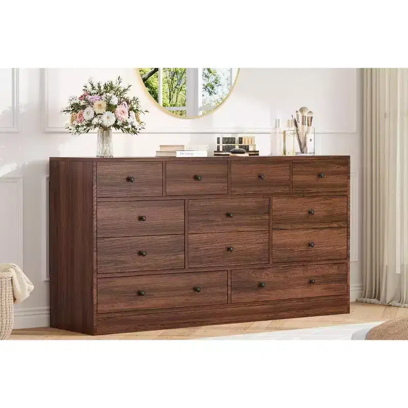 12 Drawer Dresser for Bedroom, 61 Inch Wood Dresser with Power Outlet, Wide Chest of Drawers
