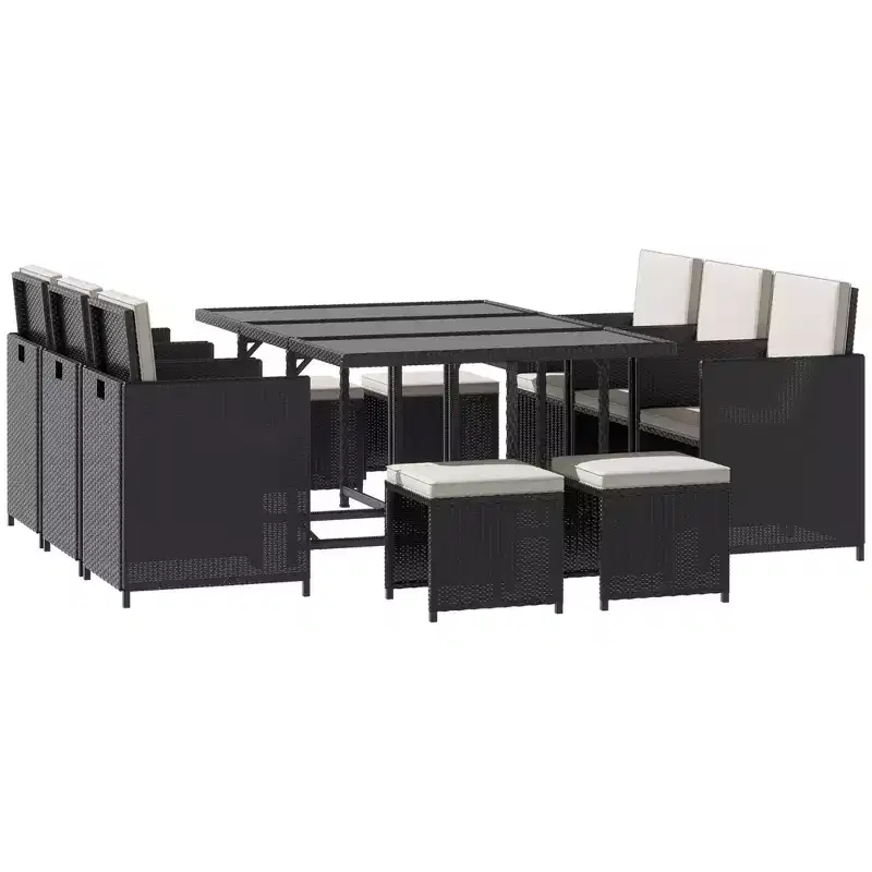Outsunny 11 PCS Patio Dining Set Outdoor Rattan Wicker Furniture Set with Space Saving Chairs, Glass Top Table and Cushion