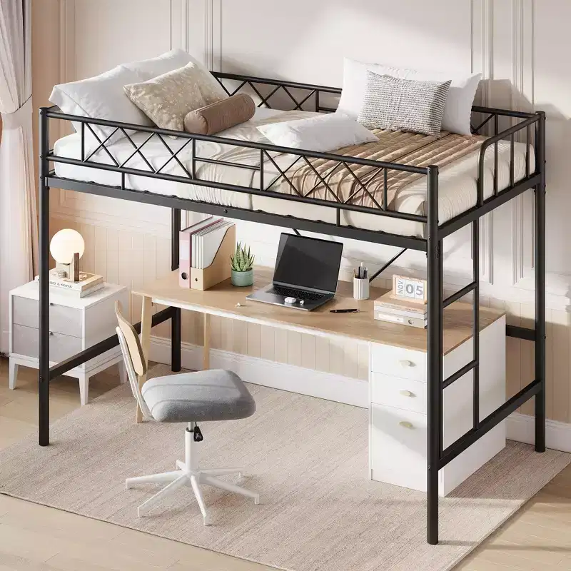 Loft Bed Twin Size with Arched Safety Guardrail & Safety Ladder, Heavy Duty Metal Frame with Sturdy Steel Slats, No Box Spring Needed, Space Saving