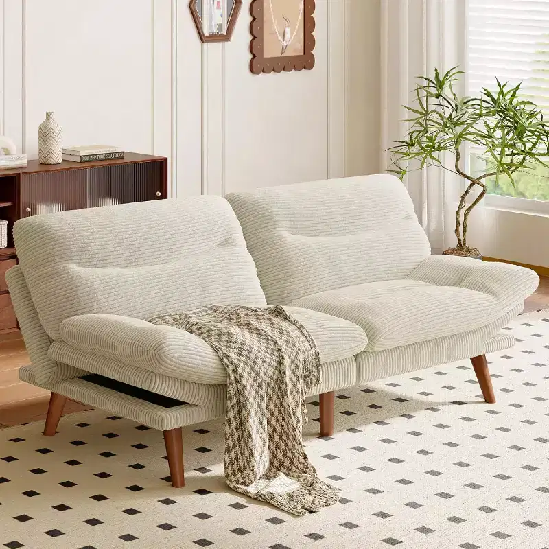 Futon Sofa Bed, Futon Couch Adjustable Backrest Armrests White