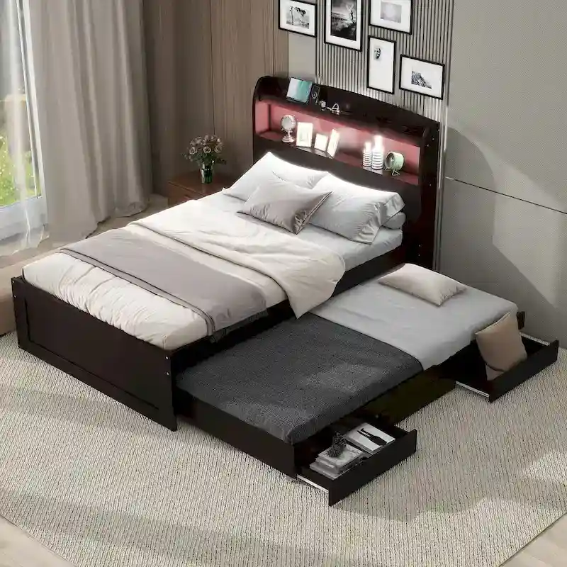 XL Extra-Long Single Platform Bed with LED Storage Headboard, Charging Ports, Trundle Bed, and Two Drawers