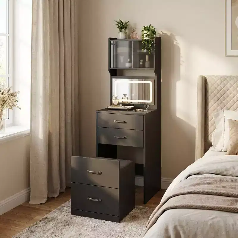 3 in 1 Vanity Desk with 3 Color Light, Compact Makeup Vanity Set with 2 AC Outlets & USB, Dressing Table with Drawers