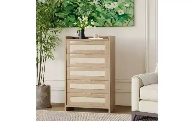 Rattan Accent 5-Drawer Dresser with Gold Handles, 45 Tall Wood Storage Chest Organizer for Bedroom and Closet
