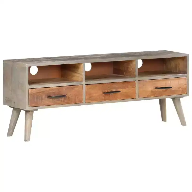 TV Stand in Grey and Honey Brown, Solid Mango Wood with Distressed Finish, 51 Inch