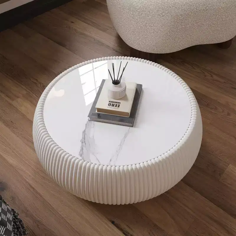 Okak Modern Round Drum Shape Coffee Table with Marble Top & Leather Side,Fashionable Center Table for Living Room,Bedroom