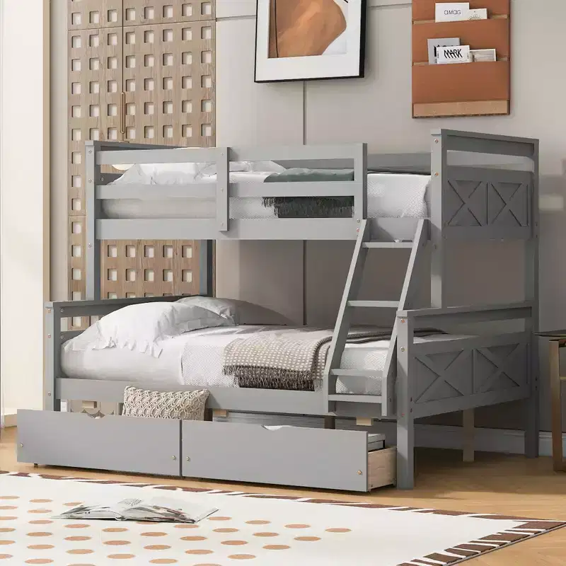 Solid Wood Twin over Full Bunk Bed with Two Storage Drawer, Removable Ladder and Safety Guardrail, Convertible to 2 Separated beds