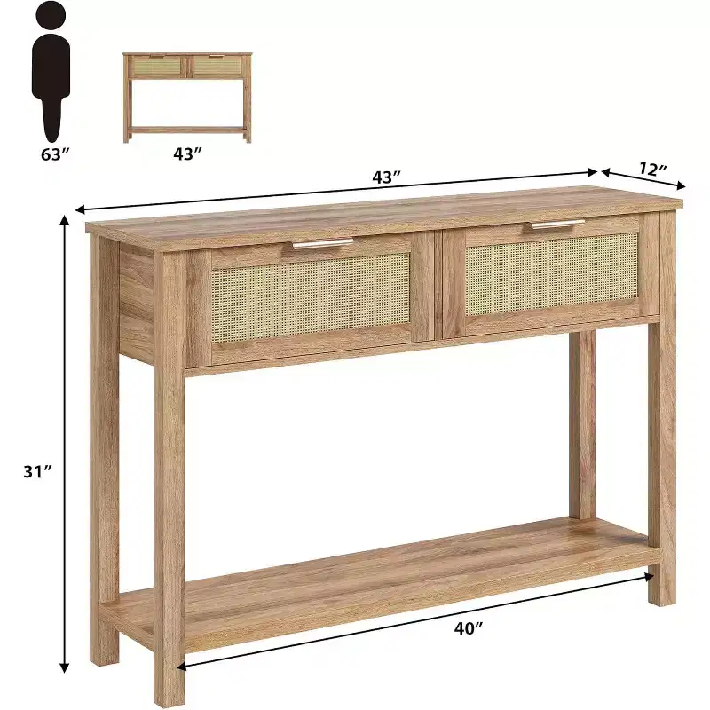 Rattan Entryway Table with Drawers, Boho Console Table for Entryway, Wooden Sofa Table with Storage, 2 Tier Console Table for Living Rooms, Hallway