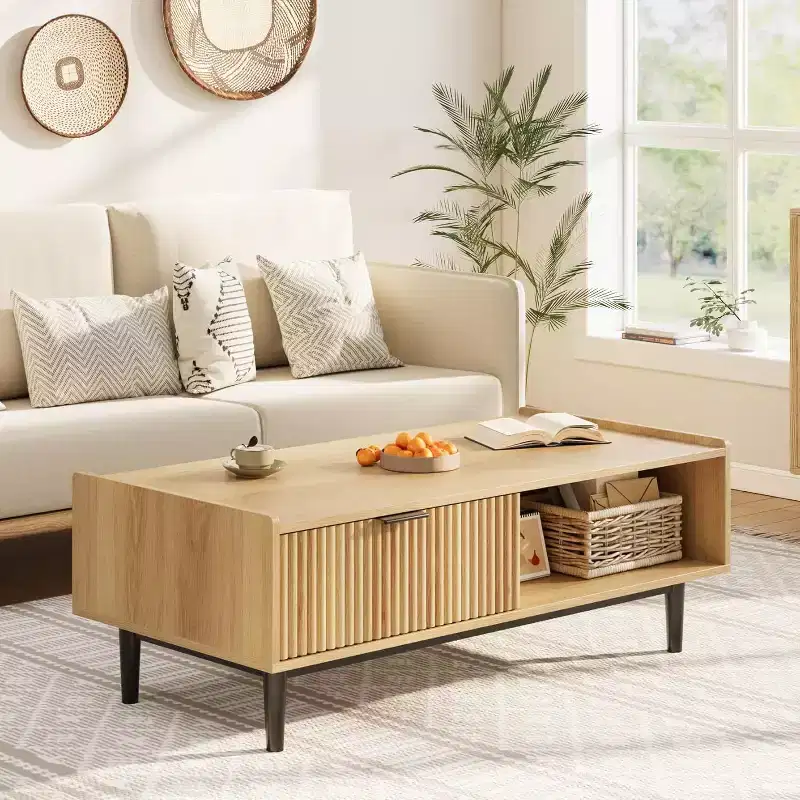 Fluted Coffee Table, Light Wood 2-Tier Cocktail Table with Drawers