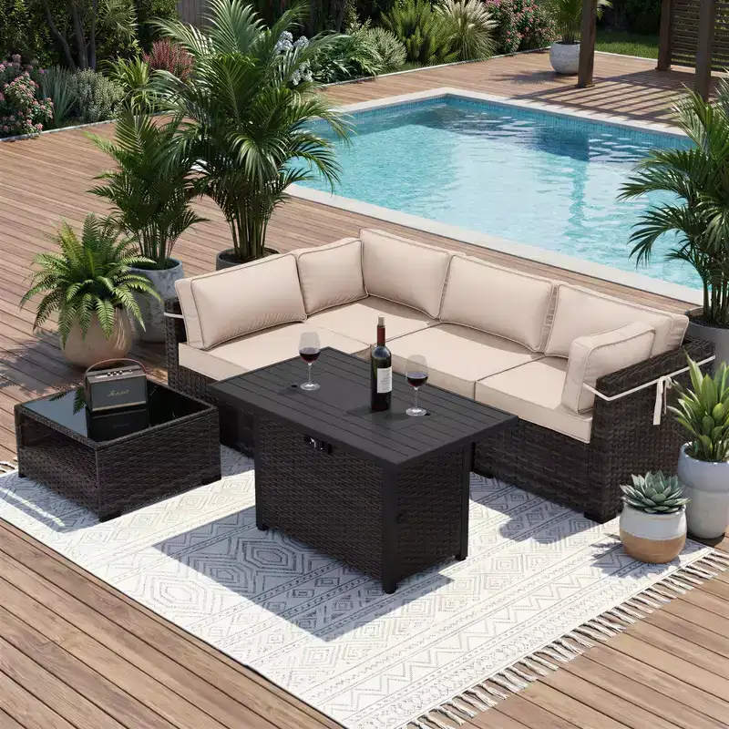 UPTIOT 4-Piece Patio Set: Corner Sofa,Brown Fire Pit Table & Tempered Glass Coffee Table for Ultimate Outdoor Relaxation