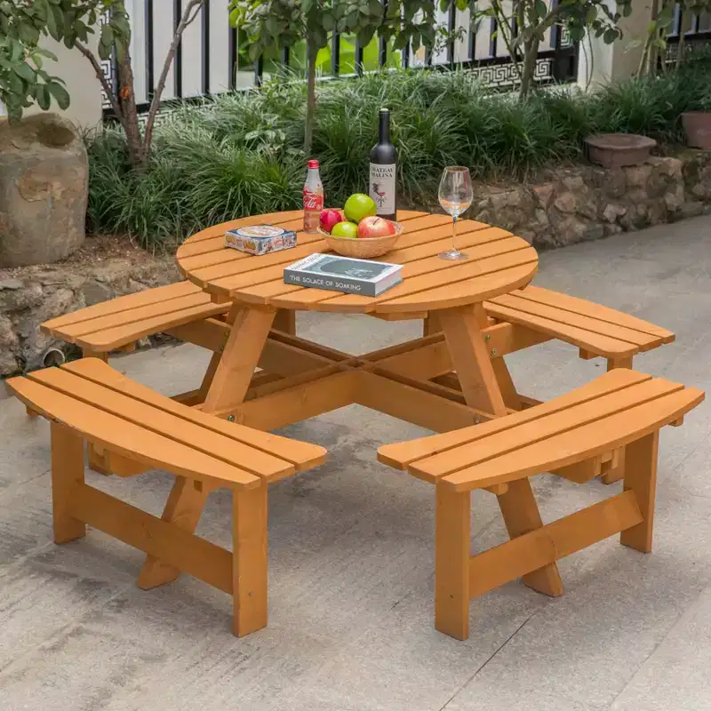 Gardenised Wooden Outdoor Patio Garden Round Picnic Table with Bench, 8 Person