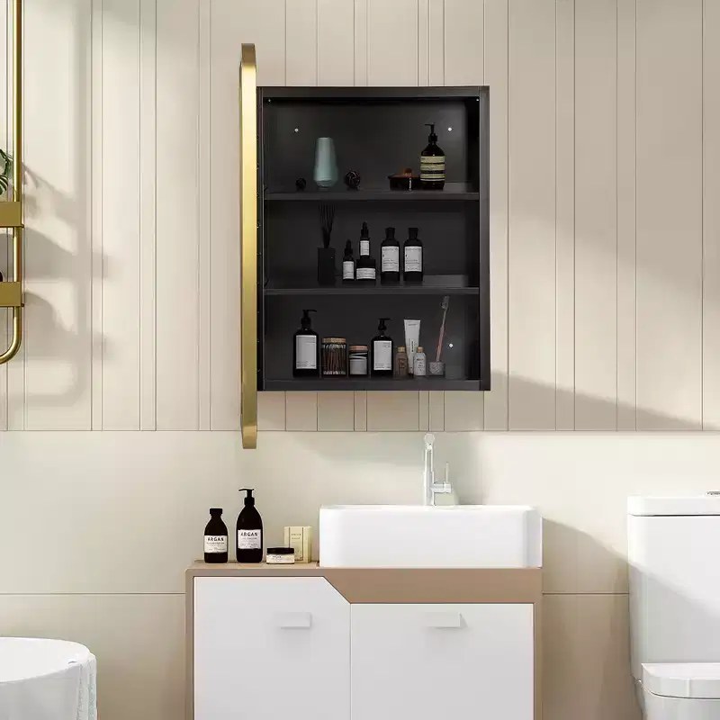 16 * 24 Inch Gold Rectangular Bathroom Medicine Cabinet With Mirror