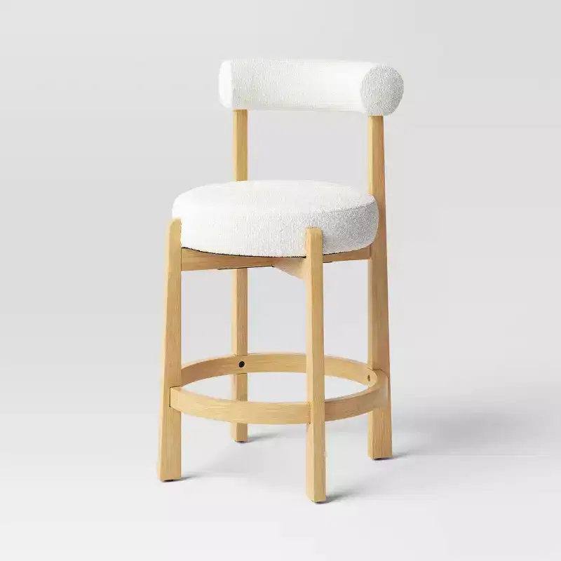 25.5 Sculptural Upholstered and Wood Boucle Counter Height Barstool with Footrest Cream - Threshold™