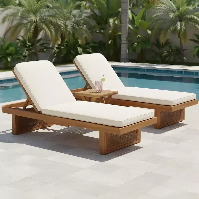 Christopher Knight Home Wino Patio 3 Piece Acacia Wood Rattan Sunlounge Set with Cushion and Slatted Table