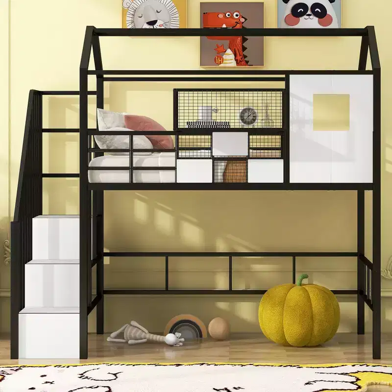 Whisen 93.7''L x 41.4''W House-style Design Metal Loft Bed with Staircase, Storage Rack and Window, with Roof Design