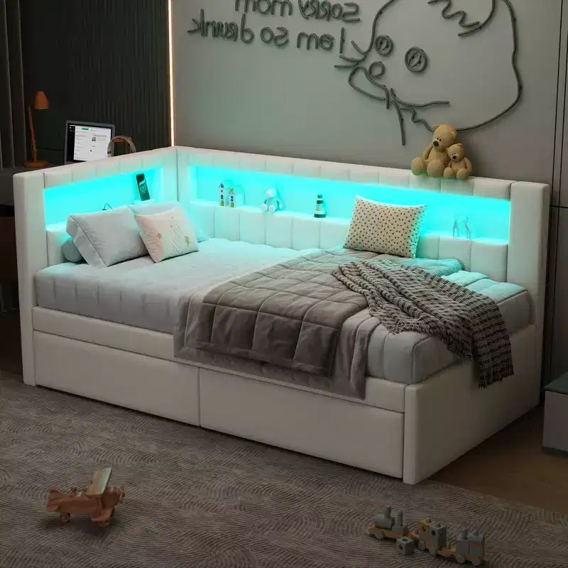 Upholstered Twin Platform Bed with USB Ports, LED Belt & 2 Storage Drawers, White