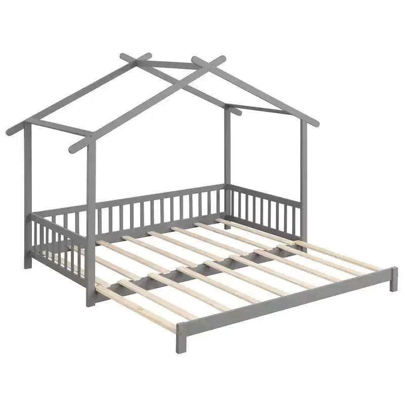 Costway Wooden House Bed Twin to King Daybed w/ Safety Rails & Decorable Roof