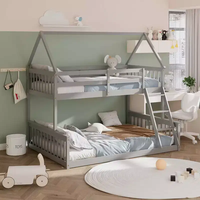 Twin Over Full House Bunk Bed with Ladder & Guardrails Convertible to 2 Beds