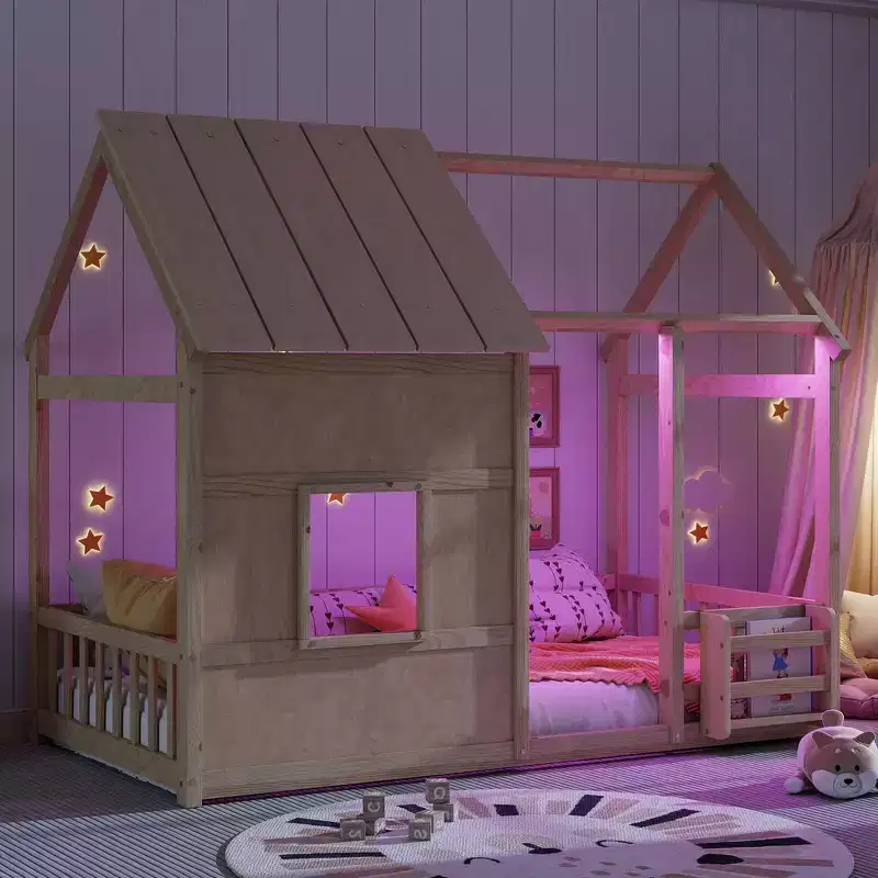 Whisen Twin Size House Floor Bed Frame, House-Shaped Bed with Roof, Fence