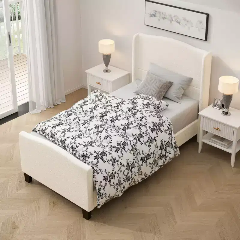 Okak All Size Wooden High Back Platform Bed Frame with Teddy Upholstered Headboard,Modern Soft Bed No Box Spring Needed