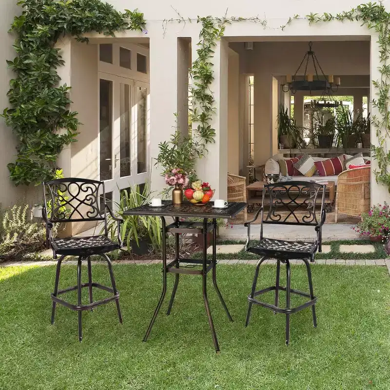 VINGLI Cast Aluminum Patio Bar Table, 42 Height High Top Outdoor Bar Table with Umbrella Hole, Pub Height Bistro Square Table for Paito Lawn Garden
