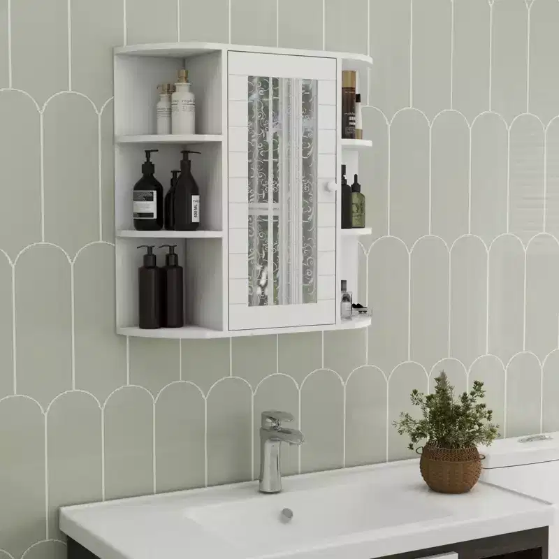 Wall-Mounted Bathroom Mirror Cabinet with Adjustable Shelves, 6 Open Shelves & Large Storage for Bathroom and Laundry Room