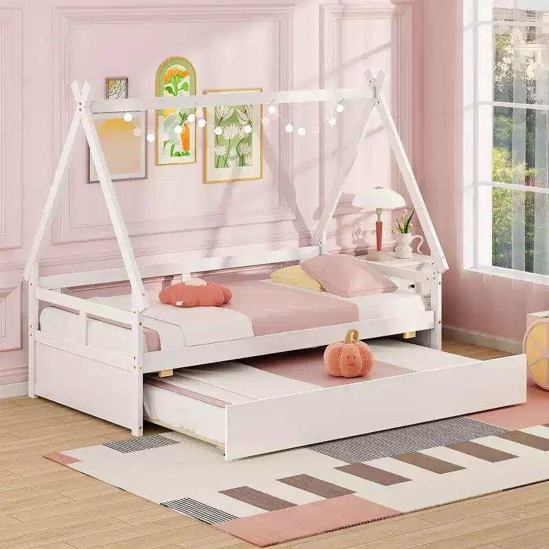 Costway Twin Size House Bed w/ Trundle Roof & Safety Guardrail Wood Slat Support White