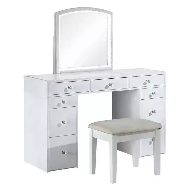 Royal Hampton 3Pc White Vanity Table Set With Led Mirror And Beige Padded Stool